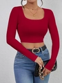 Slim fit red ribbed knit long sleeve crop top with U-neck for a stylish casual look - Burgundy