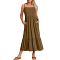 Detail of a tiered sleeveless dress in tan with spaghetti straps and side pockets - Dark Brown