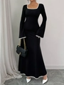Elegant black long sleeve square neck dress with white contrast piping and a slimming silhouette - XS / Black