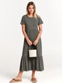 Women's crewneck short sleeve tiered ruffle maxi dress in elegant solid dark grey - Gray