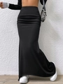 Elegant black high waist knitted fishtail skirt in slim fit maxi length for women - S / Black