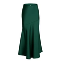Dettaglio della gonna midi in raso verde scuro con cucitura diagonale e orlo a sirena - S / Verde Scuro