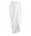Detail of white high waist skirt showing draped front pleats and side split design - White