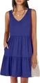 Detail of blue V-neck sleeveless tiered dress featuring functional side pockets and soft fabric - S / Blue