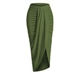 Detail view of olive green midi skirt featuring ruched draping and asymmetric tulip hemline - S / Army Green