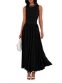 Elegant sleeveless black maxi dress with round neck and pleated pockets for summer - S / Black