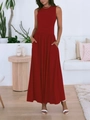 Elegant sleeveless wine red maxi dress with pleated waist and functional side pockets - S / Burgundy