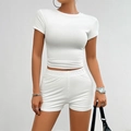 Detail view of the soft white fabric texture on the slim fit two-piece shorts set - S / White