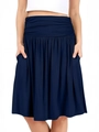 Detailed close-up of navy blue high-waisted pleated midi skirt with elastic waist and pockets - XS / Dark Blue