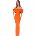 Elegant bright orange off-shoulder bandage dress with rhinestone halter and bow detail - Orange