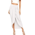 Detail of high waisted white draped skirt with split wrap design and elastic fabric texture - White