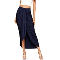 Detail of high waisted navy drape skirt featuring asymmetric tulip hem and pleated fabric - S / Dark Blue