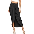 Detail view of high waisted draped wrap skirt with asymmetric hem and pleated fabric texture - Black