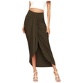 Detail of high waist draped design and asymmetric slit on the dark brown knit midi skirt - Coffee