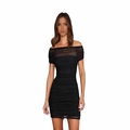 Detail of ruched black mesh layers on this sexy off-shoulder bodycon mini dress - XS / Black