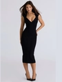 Elegant black V-neck sleeveless bandage dress with slim fit and midi length styling - XS / Black