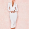 Elegante abito a fascia bianco con scollo a V e maniche lunghe con silhouette aderente - S / Bianco