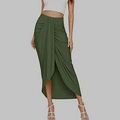 Olive green high waist wrap skirt with slit and elastic draped design for women - S / Army Green