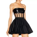 Abito da sera nero senza spalline con gonna a balze e dettagli in rete trasparente - XS / Nero