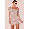 Pink one shoulder mini dress with layered ruffles and white polka dot mesh fabric - Apricot