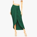 Women high waisted draped wrap skirt in dark green with asymmetrical hem and elastic waist - Dark Green