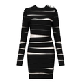 Women's black long sleeve mini dress with mesh stripe inserts and shoulder buttons - S / Black