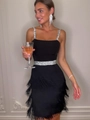 Elegant black cocktail dress with silver rhinestone straps and tiered fringe hemline - XS / Black