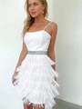 Elegant white tassel dress with silver sequin straps and belt for cocktail parties - XS / White
