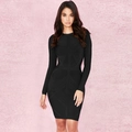 Slim fit black long sleeve bandage dress with elegant cross-weave texture for women - Black