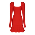 Red square neck mini dress with puff sleeves and ruffled hem on invisible mannequin - XS / Red