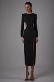 Elegante vestido largo negro de manga larga con espalda abierta y abertura lateral alta - XS / Negro