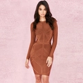 Elegant brown long sleeve bandage dress with a geometric knit texture and a slim bodycon fit - XS / Brown