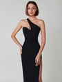 Elegantes schwarzes One-Shoulder-Maxikleid mit Cut-out und hohem Schlitz für formelle Abendevent - S / Schwarz