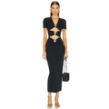 Schlankes schwarzes Maxikleid mit V-Ausschnitt, Cut-outs und dekorativen Metallringen - S / Schwarz