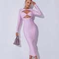 Elegant lavender long sleeve bodycon midi dress with front cutout detail for women - XS / Light Purple