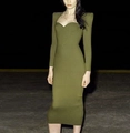 Vestido largo ajustado verde esmeralda de manga larga con escote corazón y hombreras - M / Verde