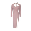 Elegantes rosa Maxikleid mit langen Ärmeln, Herz-Ausschnitt und Seitenschlitz - XS / Lotosrosa