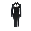 Elegantes schwarzes Langarm-Slim-Kleid mit Spitzenkragen, Ausschnitt vorne und Seitenschlitz - XS / Schwarz