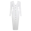 Elegantes weißes V-Ausschnitt Maxikleid mit langen Ärmeln und Diamantknöpfen mit Cut-outs - S / Weiß