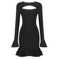 Black long sleeve cutout knit mini dress with bell sleeves and ruffled hem silhouette - XS / Black