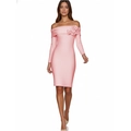 Elegant pink off-shoulder long sleeve bodycon dress with 3D rose flower accents - XS / Lotus Pink