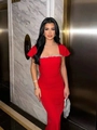 Elegantes rotes Bandage-Kleid mit Karree-Ausschnitt und Diamant-Ärmeln für Abendpartys - XS / Rot