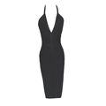 Detalle del vestido ajustado negro con escote en V profundo y textura de tela de vendaje - S / Negro
