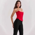 Corsetto sexy rosso con stecche e orlo a V in tessuto satinato lucido - S / Rosso