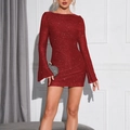 Sparkly sequin knit long sleeve mini dress with open back and flared sleeves in wine red - XS / Red