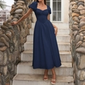 Navy blue puff sleeve midi dress with square neck and lace trim for elegant summer wear - XS / Navy Blue