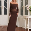 Vestido largo marrón con hombros descubiertos de malla con ajuste ceñido y espalda abierta - XS / Marrón