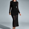 Elegantes schwarzes Langarm-Netzkleid mit sexy Bodycon-Passform und Raffungen - XS / Schwarz