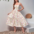 White floral halter dress with backless tie detail and flowing A-line summer silhouette - XS / White with Pink Flowers