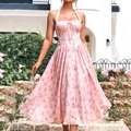 Pink floral halter neck midi dress with backless tie design and pleated A-line skirt - XS / Pink